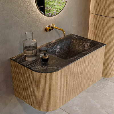 MONDIAZ KURVE-DLUX 85cm Meuble salle de bain avec module 25 G - couleur Oak - 1 tiroir - 1 porte - vasque CLOUD droite - sans trou de robinet - couleur Lava