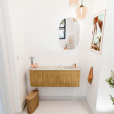 Mondiaz JOYA-DLUX 111.6cm meuble de toilette - arrondi gauche couleur Chêne - Vasque FAYE position Droite 1 trou de robinet couleur Frappe.