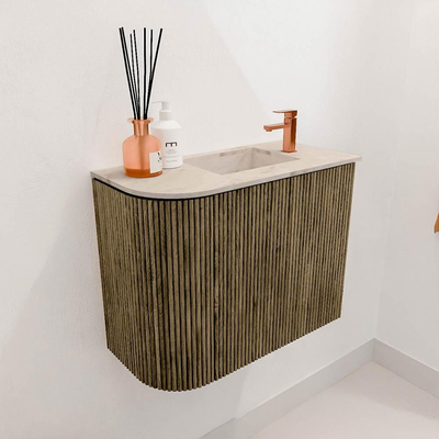 Mondiaz JOYA-DLUX 51.6cm toiletmeubel - ronding links kleur Dusk - Wastafel FAYE positie Rechts 1 kraangat kleur Frappe.
