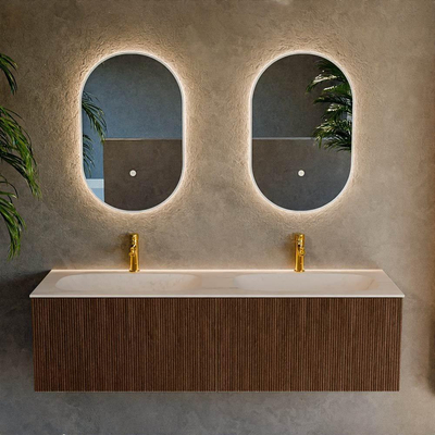 MONDIAZ KURVE-DLUX 150cm badmeubel kleur Walnut met 2 lades en 0 deuren. Wastafel STOR SMALL Dubbel 2 kraangaten Meli.