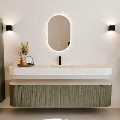 MONDIAZ THOR-DLUX Meuble de salle de bains - 190cm - arrondi gauche + droite - couleur Shadow - 2 tiroirs - 2 portes - Vasque suspendue CLOUD Milieu 1 trou de robinet couleur Meli