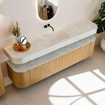 MONDIAZ THOR-DLUX Meuble de salle de bains - 200cm - arrondi gauche + droite - couleur Oak - 2 tiroirs - 2 portes - Vasque suspendue CLOUD Milieu sans trou de robinet - couleur Opalo