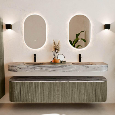 MONDIAZ THOR-DLUX Meuble de salle de bains 190cm arrondi gauche + droite couleur Shadow avec 2 tiroirs et 2 portes. Vasque suspendue CLOUD Double 2 trous de robinet couleur Sombra.