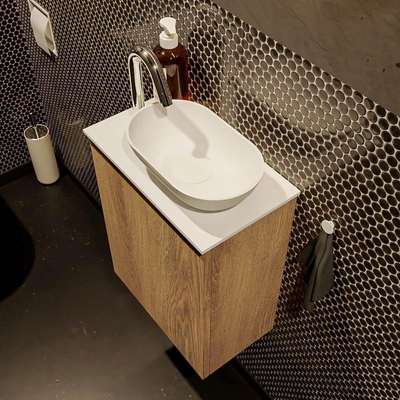 Mondiaz fowy meuble toilette 40x50x23cm chêne lavé mat 1 trou pour robinetterie évier : droit 1 porte solid surface avec plan mélamine couleur évier : blanc