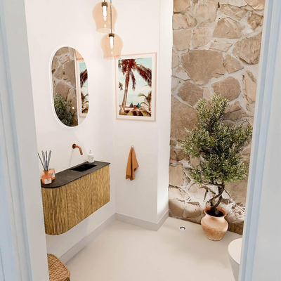 Mondiaz JOYA-DLUX 71.6cm toiletmeubel - ronding links kleur Oak - Wastafel FAYE positie Rechts Zonder kraangat kleur Lava.