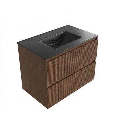 Saniclass Holz Atelier Ensemble de meubles de salle de bains - 80x45x62cm - lavabo Vygo en céramique noir - 1 vasque - sans trou de robinet - 2 tiroirs - walnut pure mat (bois)