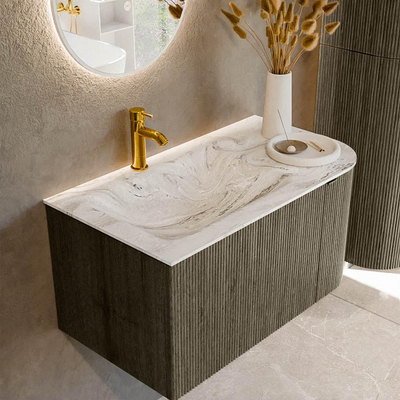 Mondiaz KURVE-DLUX Ensemble de meuble de salle de bains - 85x46x40cm - 1 tiroir - 1 porte - lavabo solid surface - gauche - 1 trou de robinet - Shadow