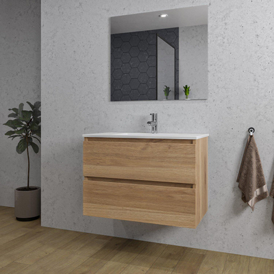 Adema Chaci Ensemble salle de bain - 80x46x55cm - 1 vasque en céramique blanche - 1 trou de robinet - 2 tiroirs - miroir rectangulaire - cannelle