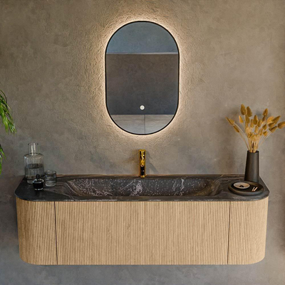 MONDIAZ KURVE-DLUX 150cm Meuble salle de bain avec module 25 G et D - couleur Oak - 1 tiroir - 2 portes - vasque BIG MEDIUM centre - 1 trou de robinet - couleur Lava