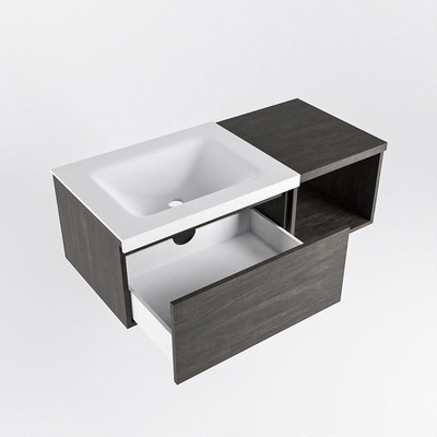 MONDIAZ BUKLA meuble de salle de bain 100cm avec module ouvert 40 couleur Marron Foncé avec 1 tiroir. Lavabo CLOUD à gauche 1 trou de robinet couleur Talc.
