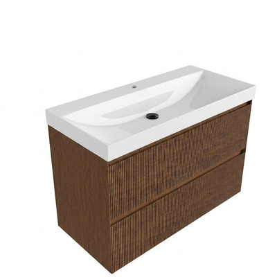 Saniclass Holz Atelier Ensemble de meubles de salle de bains - 100x45x67.5cm - lavabo Wave en céramique - 1 vasque - 1 trou de robinetterie - 2 tiroirs - walnut pure mat (bois)