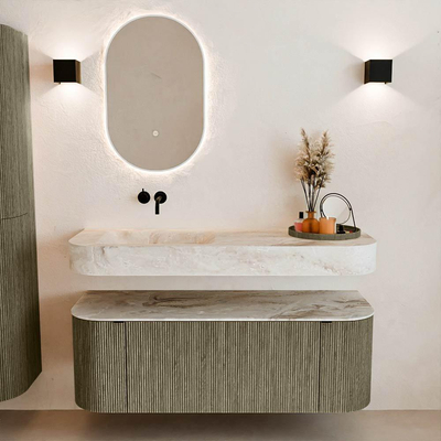 MONDIAZ THOR-DLUX 130cm meuble de salle de bains arrondi gauche + droite couleur Shadow avec 1 tiroir et 2 portes. Vasque suspendue CLOUD Gauche sans trou de robinet couleur Frappe.