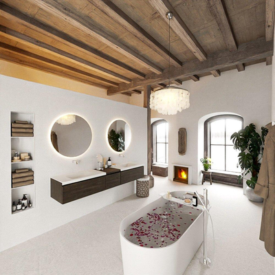 MONDIAZ BUKLA 200cm meuble de salle de bain avec module 40 couleur Marron Foncé avec 3 tiroirs. Lavabo CLOUD double 0 trou de robinet couleur Talc.