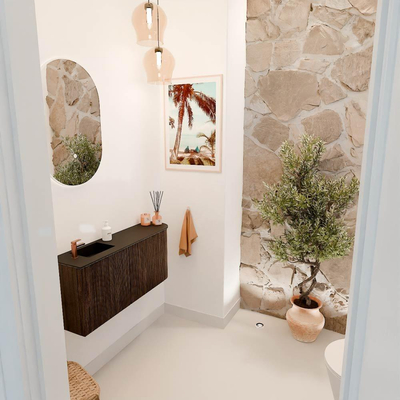 Mondiaz JOYA 91.6cm toiletmeubel - ronding rechts kleur Walnut - Wastafel FAYE positie Links 1 kraangat kleur Urban.