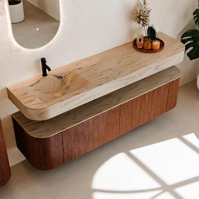 MONDIAZ THOR-DLUX 180cm meuble de salle de bains arrondi gauche + droite couleur Ruby avec 2 tiroirs et 2 portes. Vasque suspendue CLOUD Gauche 1 trou de robinet couleur Arena.