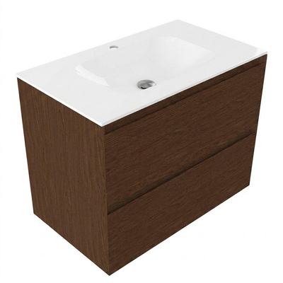 Saniclass Holz Pure Ensemble meuble de salle de bains - 80x45x61.5cm - Flow lavabo en solid surface blanc - 1 vasque - 1 trou de robinetterie - 2 tiroirs - noyer pure mat (bois)