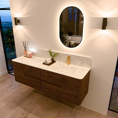 Mondiaz CIRO-DLUX Badkamermeubelset - 160x45x50cm - Solid surface wastafel Opalo - 1 wasbak Rechts - 1 kraangat - 4 lades - Dusk