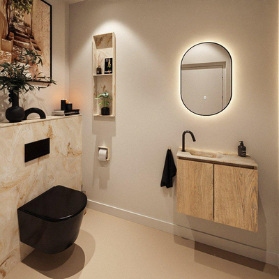 MONDIAZ TURE-DLUX Meuble toilette - 60cm - Washed Oak - EDEN - vasque Frappe - position gauche - 1 trou de robinet