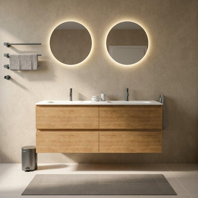 Saniclass Holz Pure Ensemble de meubles de salle de bains - 160x45x61.5cm - Vasque Flow en solid surface blanc - 2 vasques - 2 trous de robinet - 4 tiroirs - chêne natural mat (bois)