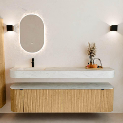 MONDIAZ THOR-DLUX 180cm meuble de salle de bains arrondi gauche + droite couleur Chêne avec 2 tiroirs et 2 portes. Vasque suspendue CLOUD Gauche 1 trou de robinet couleur Opalo.