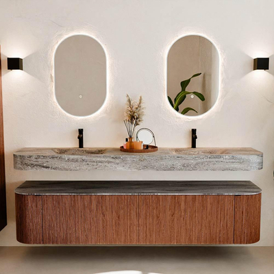 MONDIAZ THOR-DLUX 200cm meuble de salle de bains arrondi gauche + droite couleur Ruby avec 2 tiroirs et 2 portes. Vasque suspendue CLOUD Double 2 trous de robinet couleur Oza.