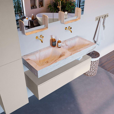 Mondiaz ALAN-DLUX Ensemble de meuble - 120cm - meuble Linen mat - 1 tiroir - Lavabo Cloud Frappe suspendu - vasque Gauche et droite - 0 trous de robinet