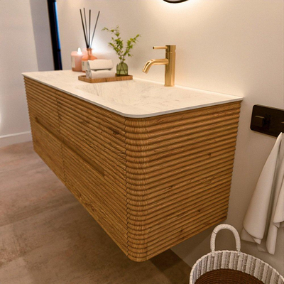 Mondiaz CIRO-DLUX Badkamermeubelset - 130x45x50cm - Solid surface wastafel Opalo - 1 wasbak Rechts - 1 kraangat - 4 lades - Oak