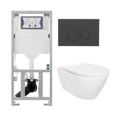 QeramiQ Salina Pack WC - sans bride - réservoir WC attenant Geberit - à fond creux WC suspendu - softclose - quickrelease - plaque de déclenchement mat anthracite - boutons ronds - blanc