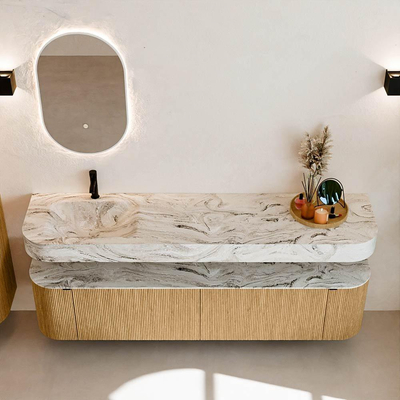 MONDIAZ THOR-DLUX Meuble de salle de bains 190cm arrondi gauche + droite couleur Oak avec 2 tiroirs et 2 portes. Vasque suspendue CLOUD Gauche 1 trou de robinet couleur Glace.