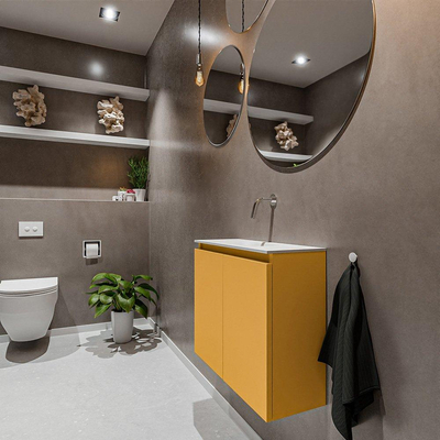 MONDIAZ TURE Toiletmeubel 60x23x50cm met 0 kraangaten 2 deuren ocher mat Wastafel Eden midden Solid Surface Wit