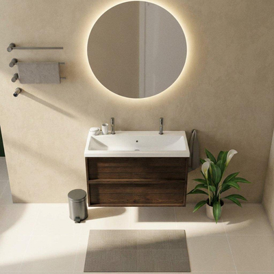 Saniclass Holz Frame Ensemble meuble de salle de bains - 100x45x63.5cm - Bari lavabo en céramique blanc - 1 vasque - 2 trous de robinet - 2 tiroirs - chêne charcoal mat (bois)