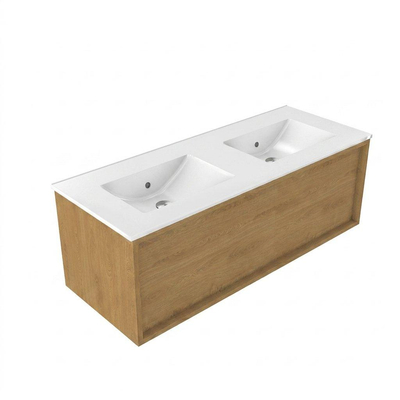 Saniclass Holz Frame Ensemble de meubles de salle de bains - 120x45x42cm - Vygo vasque en céramique blanche - 2 vasques - sans trous de robinet - 1 tiroir - chêne natural mat (bois)