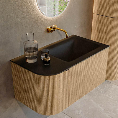 MONDIAZ KURVE 85cm Meuble salle de bain avec module 25 G - couleur Oak - 1 tiroir - 1 porte - vasque CLOUD droite - sans trous de robinet - Urban