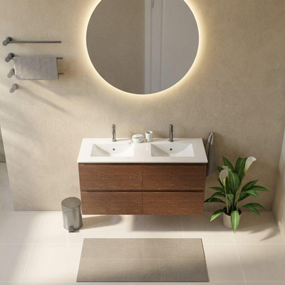 Saniclass Holz Pure Ensemble de meuble de salle de bains - 120x45x62cm - Lavabo Vygo en céramique blanc - 2 vasques - 2 trous de robinetterie - 4 tiroirs - noyer pure mat (bois)