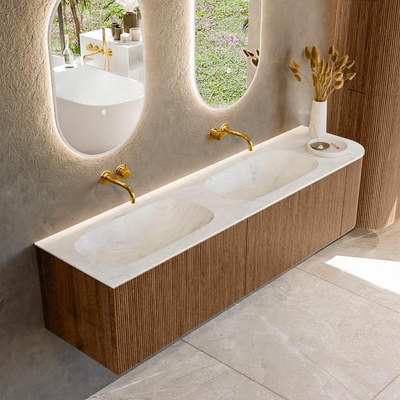 MONDIAZ KURVE-DLUX 175cm Meuble salle de bain avec module 25 D - couleur Walnut - 2 tiroirs - 1 porte - vasque STOR SMALL double / gauche - sans trou de robinet - couleur Opalo