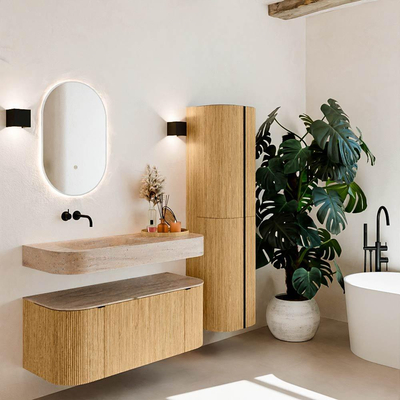 MONDIAZ THOR-DLUX 110cm badmeubel ronding links + rechts kleur Oak met 1 lade en 2 deuren. Vrijhangende wastafel CLOUD Links zonder kraangat kleur Saba.