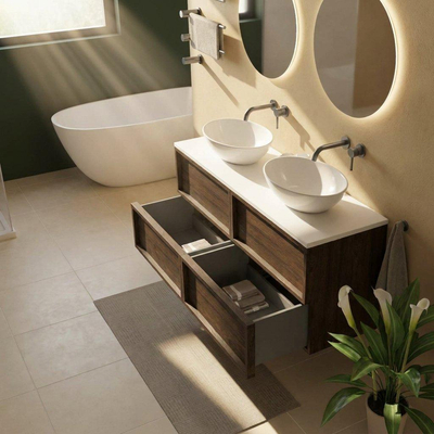 Saniclass Holz Frame Ensemble meuble de salle de bains - 140x45x62.5cm - plan de toilette Torino en solid surface blanc - sans trou de robinet - 4 tiroirs - chêne charcoal mat (bois)
