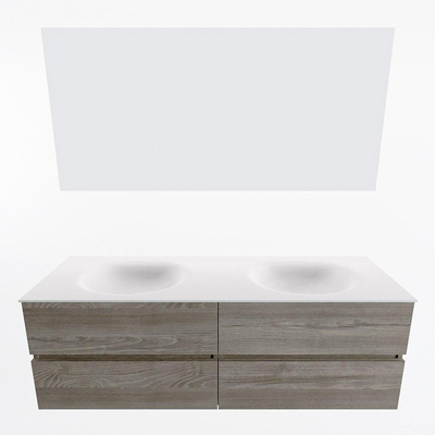 Mondiaz VICA ensemble de meuble de salle de bain - 150cm - meuble sous-vasque marron clair gris - 4 tiroirs - lavabo lune double - sans trous de robinet - couleur talc - miroir LED - version XL 60cm de haut