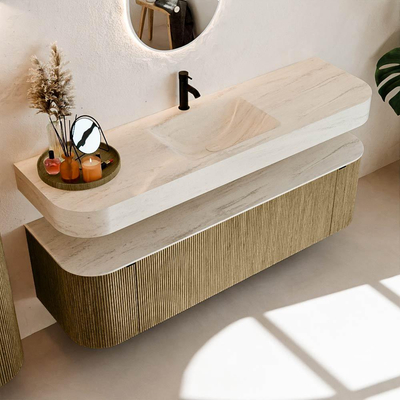 MONDIAZ THOR-DLUX 160cm meuble de salle de bains arrondi gauche + droite couleur Dusk avec 1 tiroir et 2 portes. Vasque suspendue CLOUD Milieu 1 trou de robinet couleur Meli.