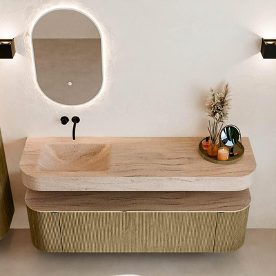 MONDIAZ THOR-DLUX 160cm meuble de salle de bains arrondi gauche + droite couleur Dusk avec 1 tiroir et 2 portes. Vasque suspendue CLOUD Gauche sans trou de robinet couleur Saba.