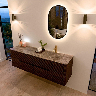 Mondiaz CIRO-DLUX Badkamermeubelset - 160x45x50cm - Solid surface wastafel Oza - 1 wasbak Rechts - 1 kraangat - 4 lades - Walnut