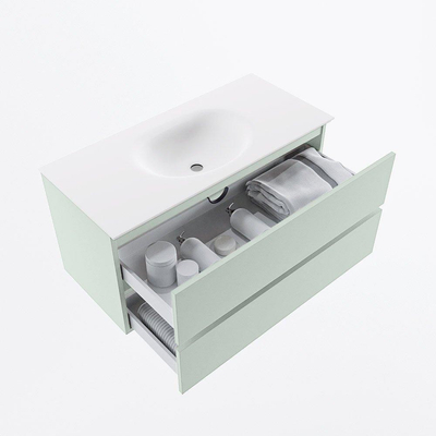 Mondiaz VICA ensemble de meuble de salle de bain - 100cm - meuble sous-vasque greey - 2 tiroirs - lavabo moon milieu - sans trous de robinet - version haute de 60cm - talc