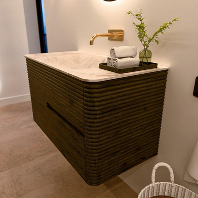 Mondiaz CIRO-DLUX Ensemble de meubles de salle de bains - 90x45x50cm - vasque solid surface Frappe - 1 lavabo au milieu - sans trous de robinet - 2 tiroirs - Shadow