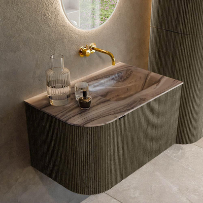 MONDIAZ KURVE-DLUX Meuble de salle de bains 75cm arrondi à gauche couleur Shadow avec 1 tiroir et 1 porte. Lavabo GRUNNE à droite sans trou de robinet Sombra.
