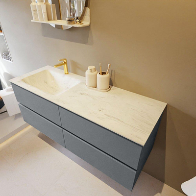 Mondiaz VICA-DLUX ensemble de meuble de salle de bain - 130cm - meuble sous-vasque plata - 4 tiroirs - lavabo encastré cloud gauche - 1 trou de robinet - version haute de 60cm - opalo