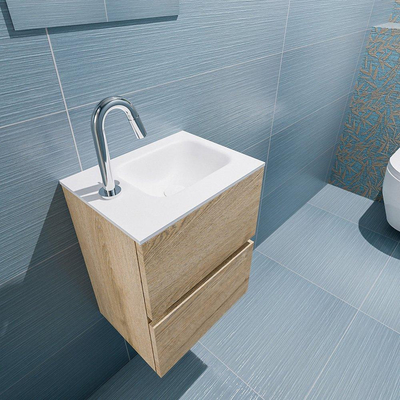 MONDIAZ ADA Toiletmeubel 40x30x50cm met 1 kraangaten 2 lades washed oak mat Wastafel Lex rechts Solid Surface Wit