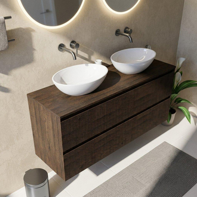 Saniclass Holz Atelier Ensemble de meubles de salle de bains - 140x45x62cm - plateau en bois - sans trou de robinetterie - 4 tiroirs - chêne charcoal mat (bois)