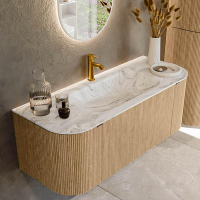 MONDIAZ KURVE-DLUX Meuble de salle de bains 120 cm avec module 25 Len R couleur Chêne avec 1 tiroir et 2 portes. Lavabo BIG SMALL central 1 trou de robinet couleur Glace.