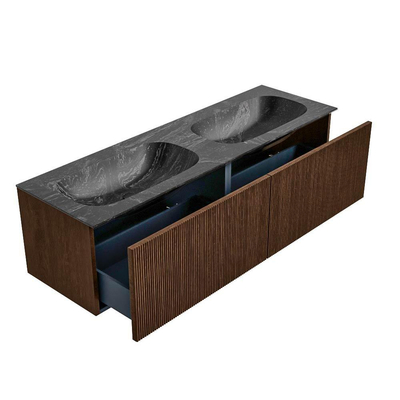MONDIAZ KURVE-DLUX Meuble de salle de bains 150 cm couleur Walnut avec 2 tiroirs. Lavabo STOR SMALL double 2 trous de robinet couleur Lava.