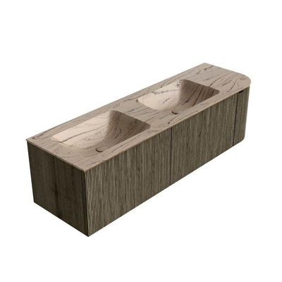 MONDIAZ KURVE-DLUX Meuble de salle de bains 155cm arrondi à droite couleur Shadow avec 2 tiroirs et 1 porte. Lavabo LEAF Double / Gauche sans trou de robinet Arena.